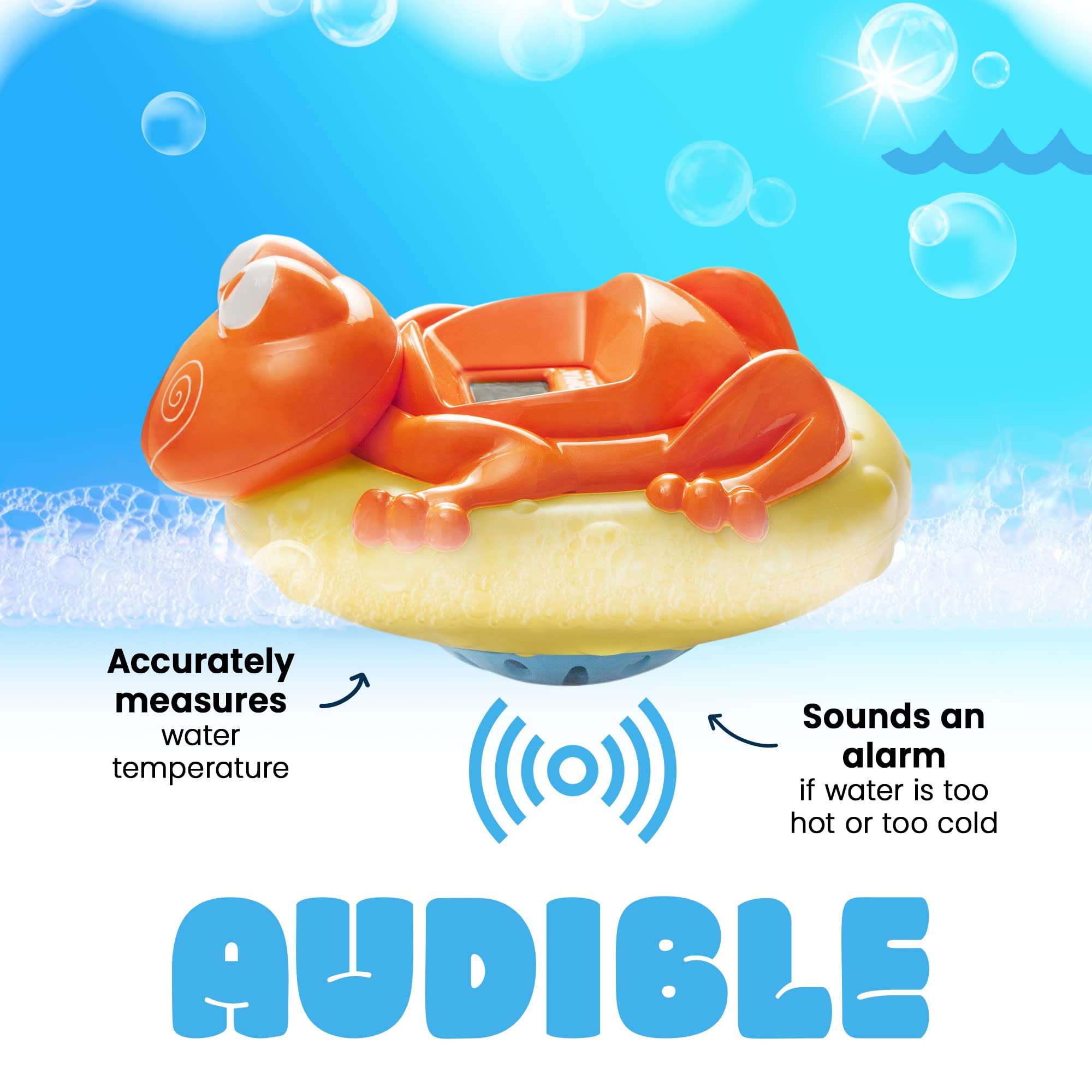 Aquatopia Baby Bath Thermometer Floating Toy with Digital Audible Alarm, Baby Water Thermometer for Bath Temp, Cute Baby Bath Essentials, Beeps When Too Hot or Too Cold, Fergus Frog, Orange