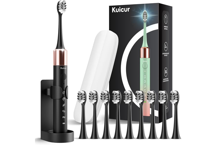 Sonic Electric Toothbrush for Adults and Kids, Comes with 10 Brush Heads & Travel Case, 5 Modes with 2 Minutes Built in Smart Timer, One Charge for 90 Days, 42,000 VPM Motor (Black)