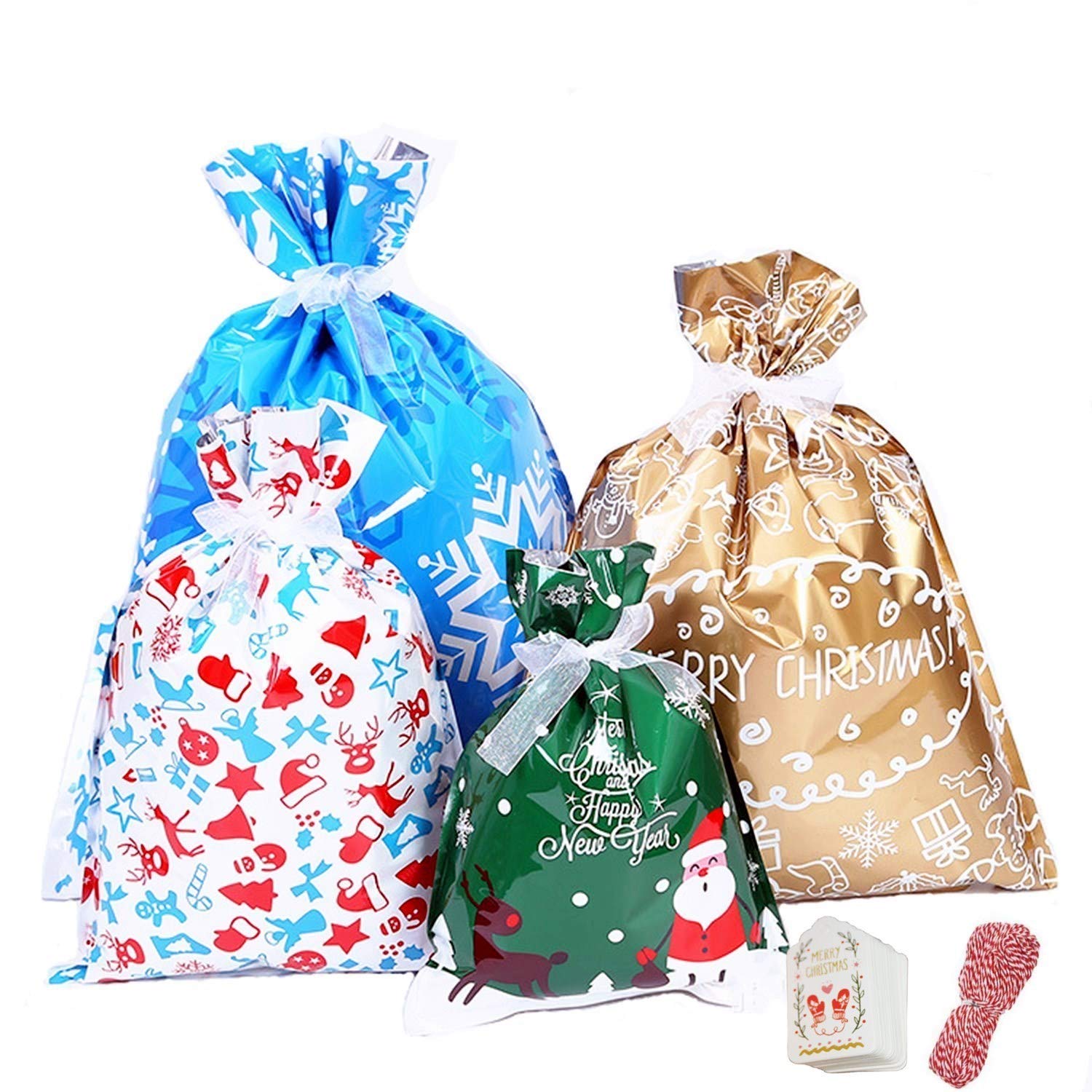 30Pack Christmas Goody Bags Large with Ribbon Ties and 50 Tags - Assorted Gift Wrapping Bags for Xmas Holiday Treats and Party Supplies — image 1