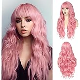 Angzon Pink Wig With Bangs Long Wavy Wigs for Women 26 Inch Curly Wavy Wig With Bangs Natural Looking Synthetic Heat Resistant Fiber Wig for Daily Party Use
