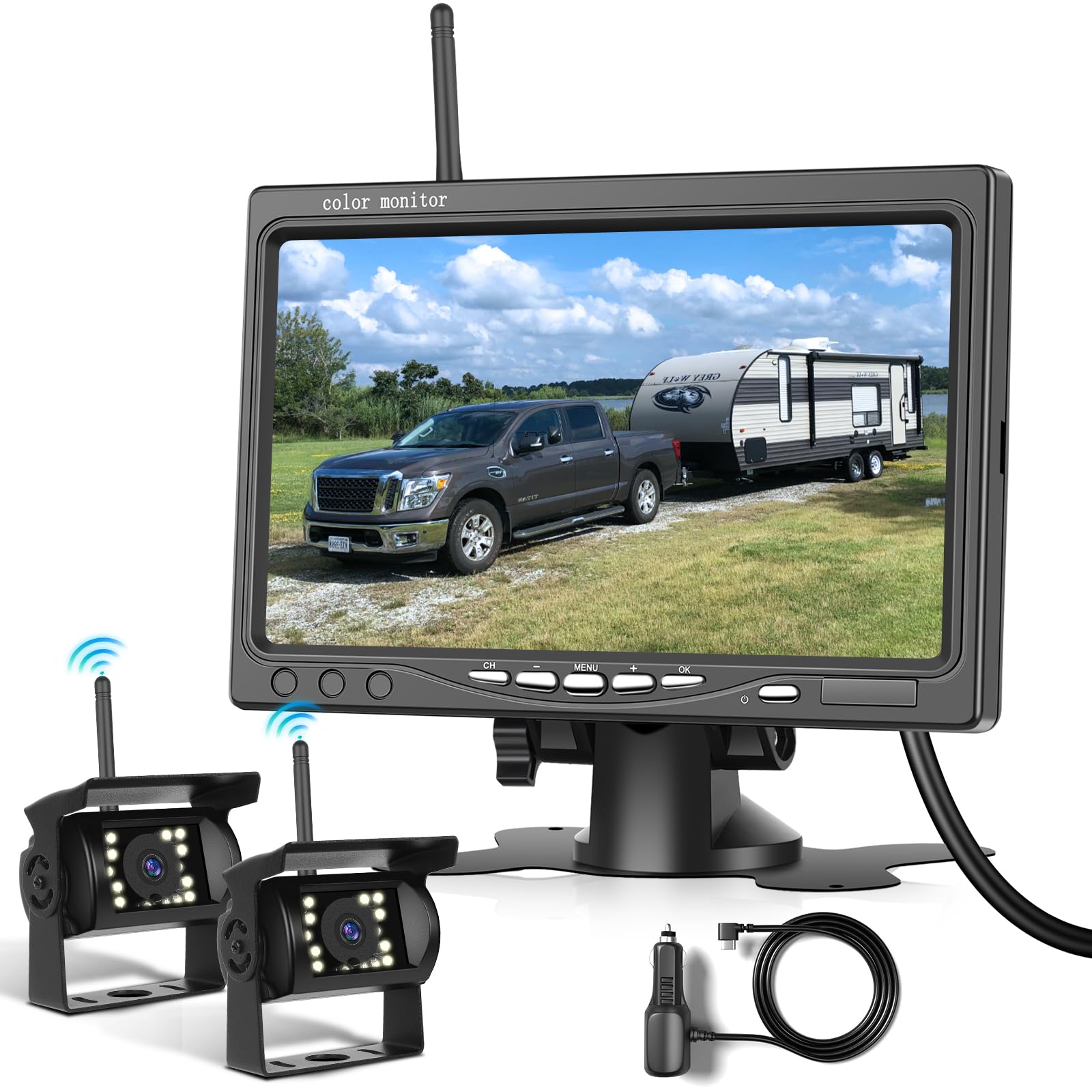 Podofo Wireless Backup Camera Kit, 2 Reversing Cameras + 7" LCD Monitor, 18 LEDS Rearview Camera with IR Night Vision, IP67 Waterproof 120° Wide Angle Rear View Camera Kit for Bus Truck Caravan