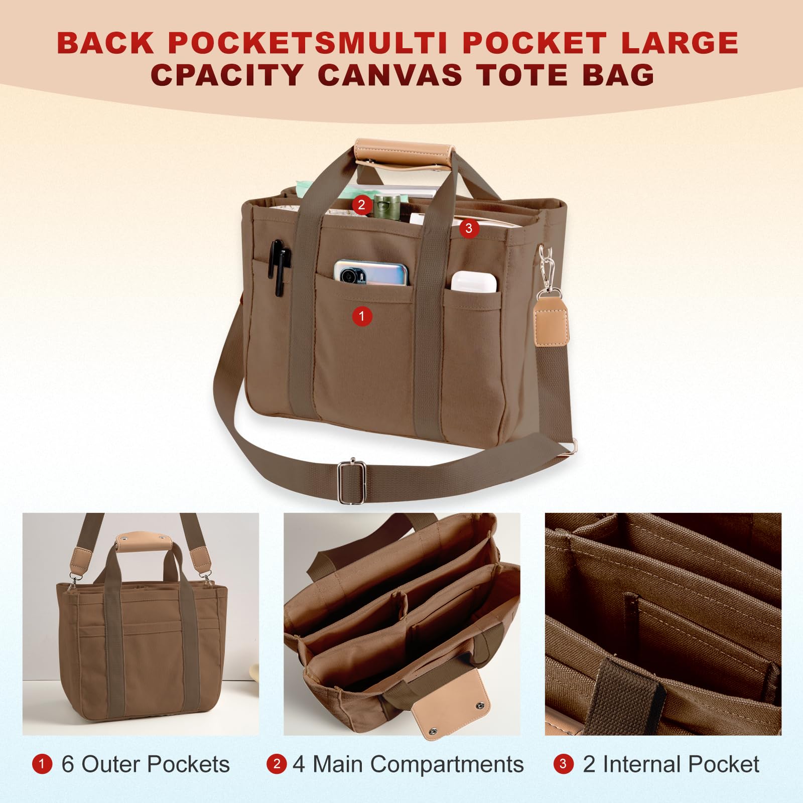 Multi Pocket Tote Bag for Women Canvas Bag with Handle Bag Large Cpacity Purse Reusable Handbag