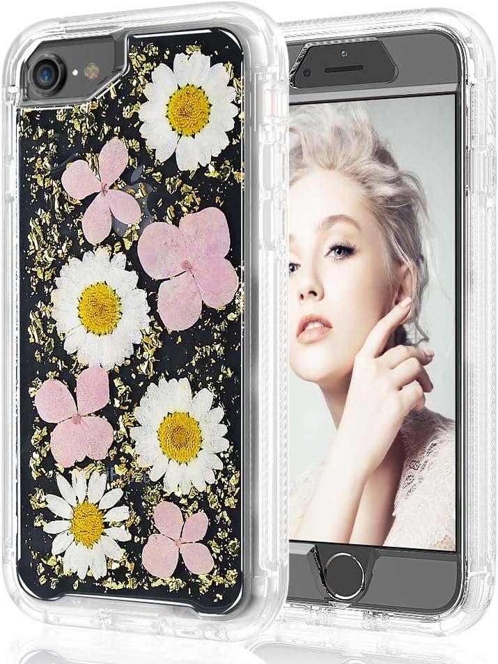 Real Flower Case for iPhone 7 8 6 6s 4.7, 2 in 1 Handmade Bling Slim Dry Floral Design Full Body Drop Protection Shockproof Rugged Bumper Non-Slip Protective Clear Girls Women Cover (Pink Gold)