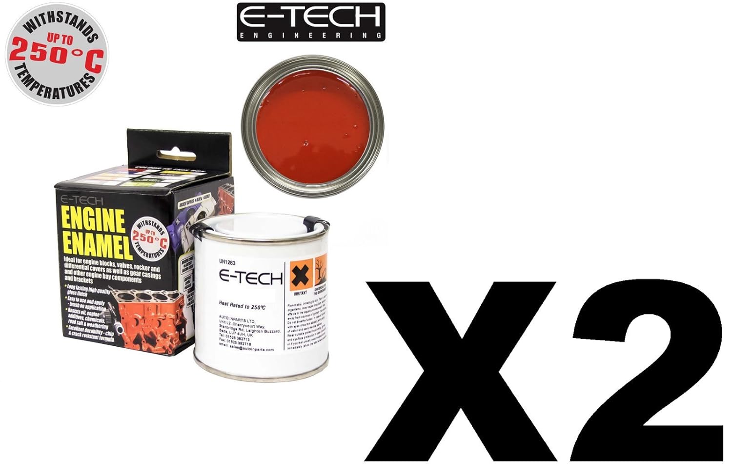 2 x ETECH RED Heat Resistant Engine Enamel Paint 250ml Brush On High