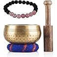 Tibetan Singing Bowl Set Bundle with Lava Stone and Rose Quartz Mala Bracelet — Handcrafted in Nepal for Chakra Healing, Meditation, Intention Setting, and Mantra Recitation