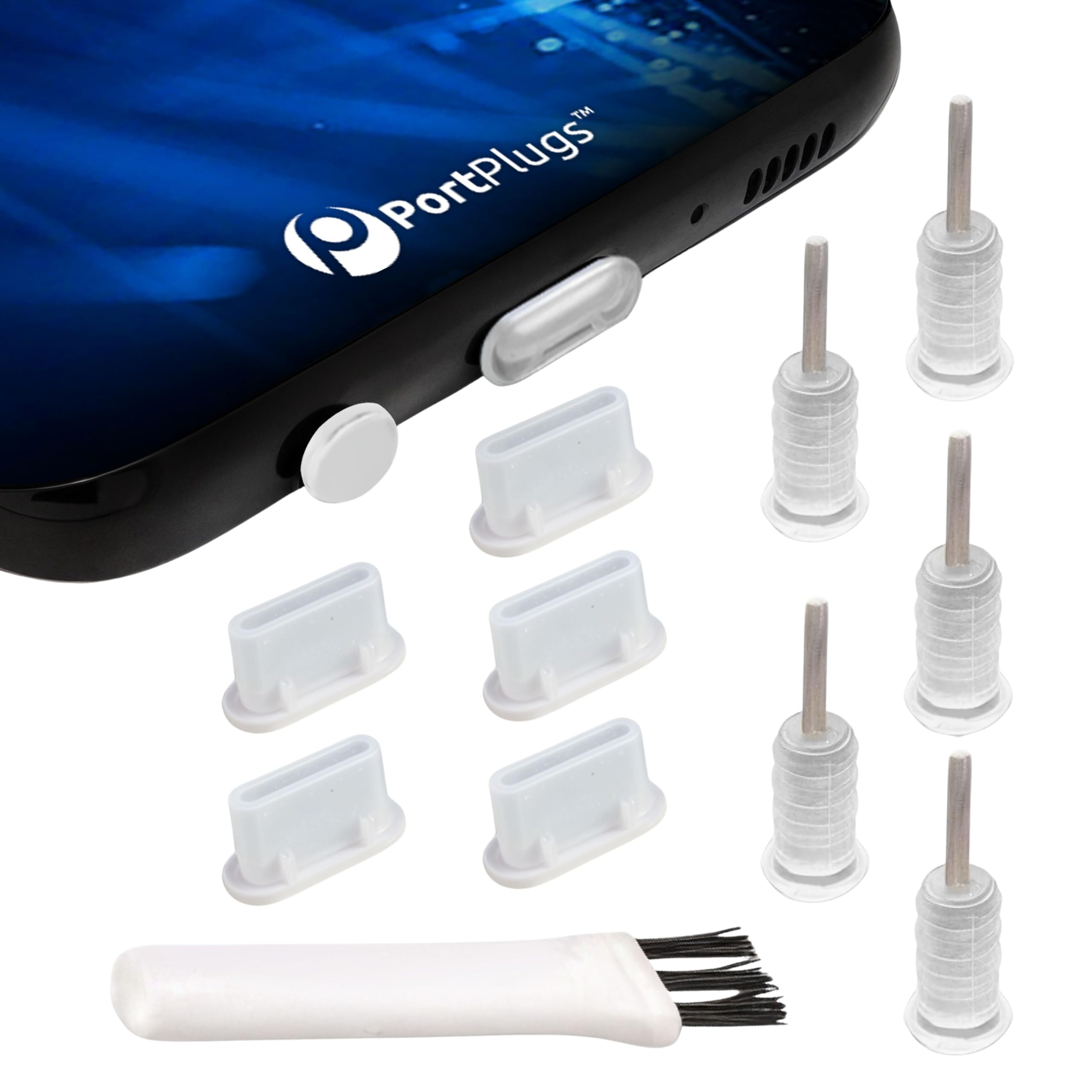 PortPlugs USB-C Dust Plugs for Galaxy S10/S9/S8, A72, A52, M51 & Other USB-C Devices with Headphone Jacks – Anti-Dust Covers with SIM Tool & Cleaning Brush | Clear (5-Pairs)