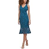 Siena Womens Sleeveless Halter V-Neck Floral Lace Sheer Trim Midi Dress