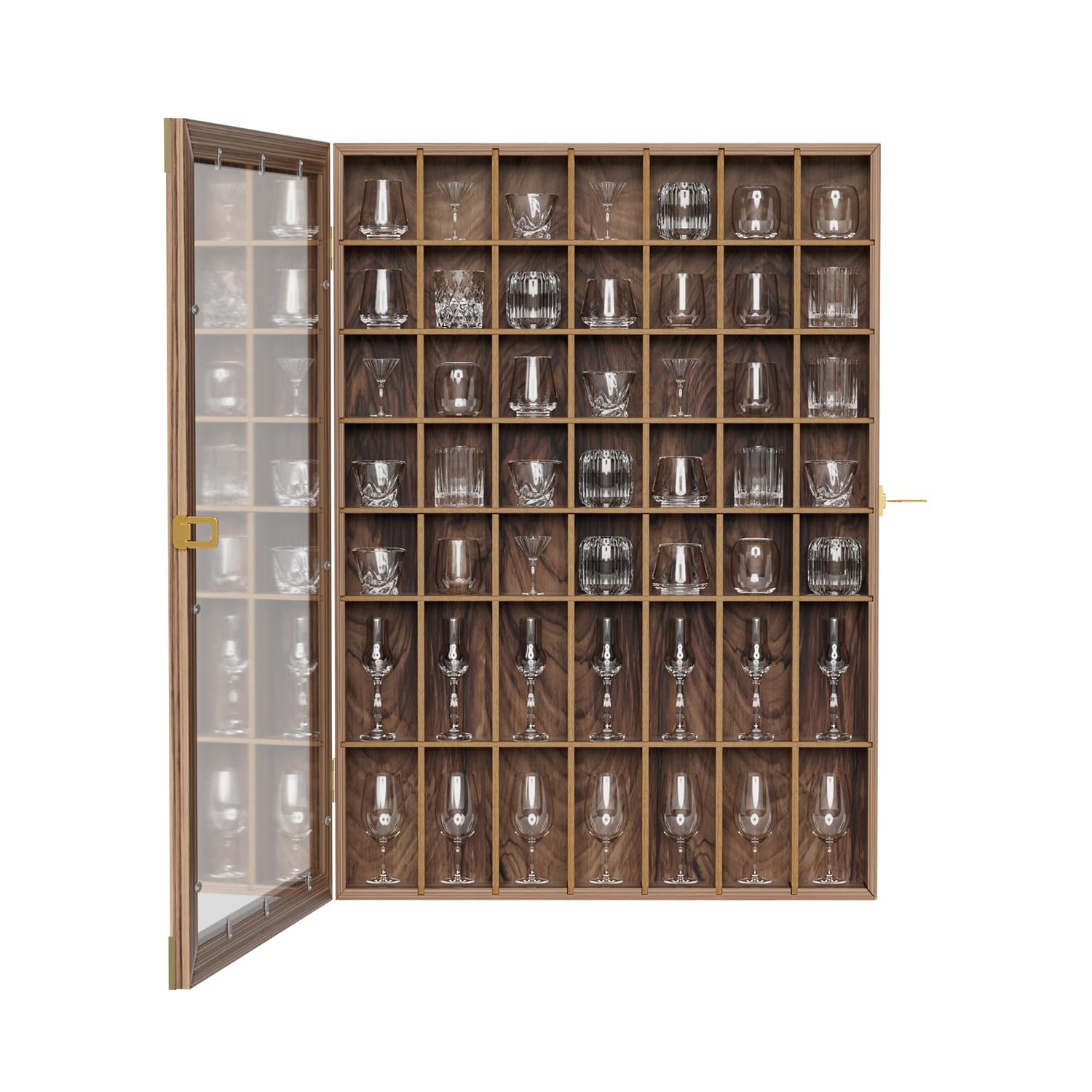 Photo 1 of Tcatec Lockable Shot Glass Display Case Rustic Wood Shot Glasses Holder Wall Mounted Bar Cabinet 49 Compartments Shot Glass Shelf Collection Display Stand,Hinged Acrylic Door (Brown, 1 Pcs)