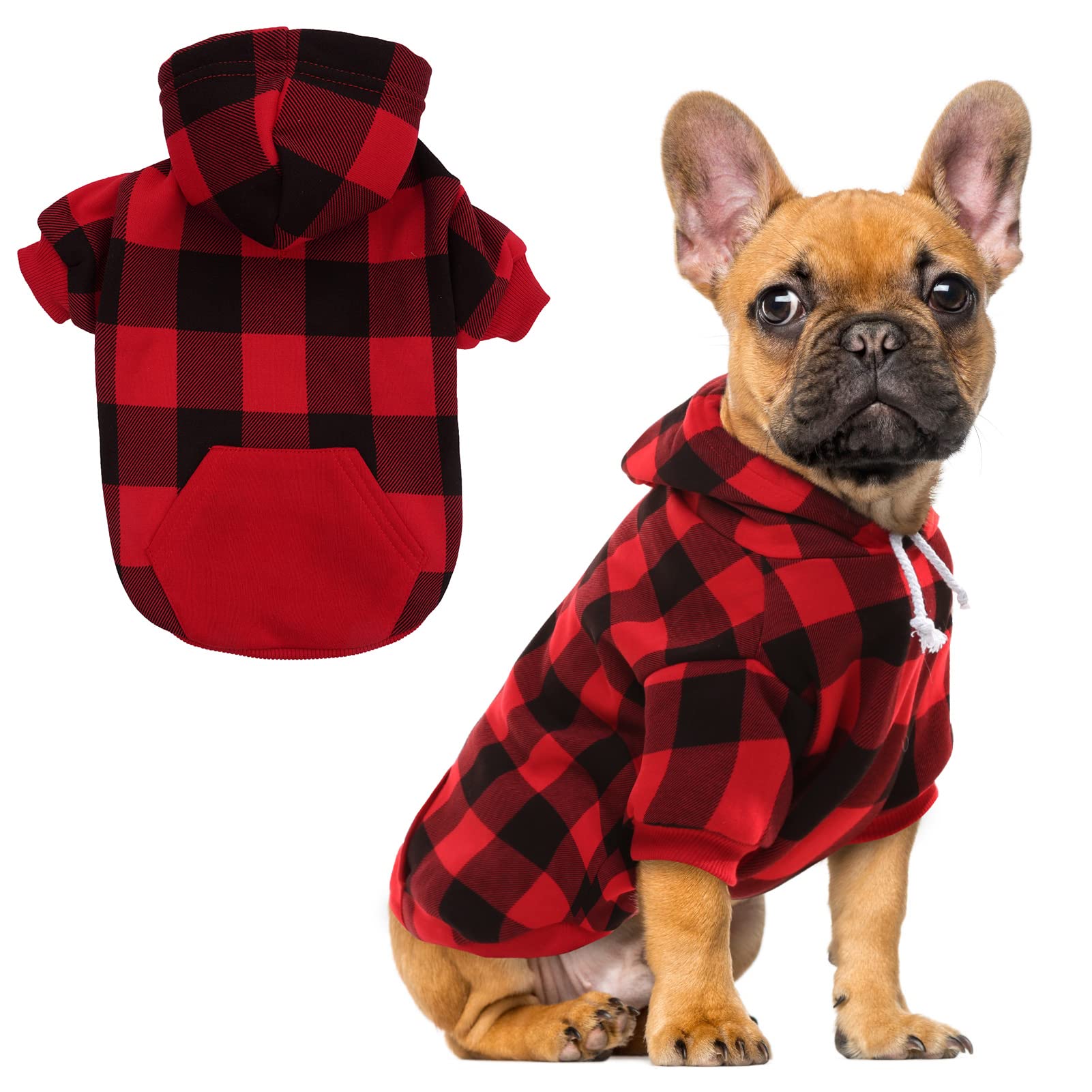 View 1 of ***(HEAVILY USED/ MINOR DAMAGE)***EXPAWLORER Plaid Dog Hoodie - British Style Warm Dog Sweater Shirt with Leash Hole,Pitbull Clothes Outfits,Winter Coat Apparel for All Breeds Puppy Girl Boy-Cat Apparel,Buffalo Check Medium