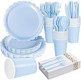 Leafory Light Blue Party Supplies (Serves 25) - 175 Pcs Disposable Dinnerware Set with Paper Plates, Cups, Napkins & Cutlery, Baby Blue Coated Plates for Baby Shower, Wedding, Birthday