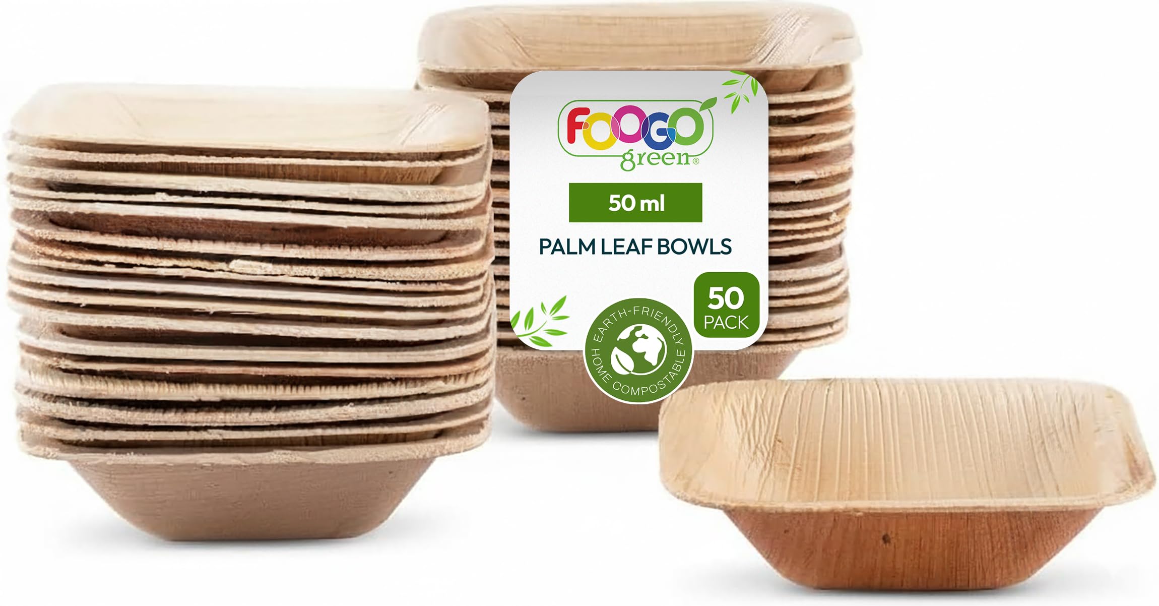 FOOGO Green 50pcs Disposable Mini Palm Leaf Bowls, 3" (7.5cm) Square, 50ml (1.7oz), for Sauce, Snacks, Ketchup & Mayo Pots, EcoFriendly, Biodegradable, Like Bamboo, Wooden and Paper Bowls
