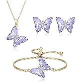 Crysdue Sparkling Cubic Zirconia Butterfly Necklace Stud Earrings Adjustable Slider Bracelet Jewelry Set, Birthday/Valentines/Mothers Day/Christmas Jewellery Gift for Women