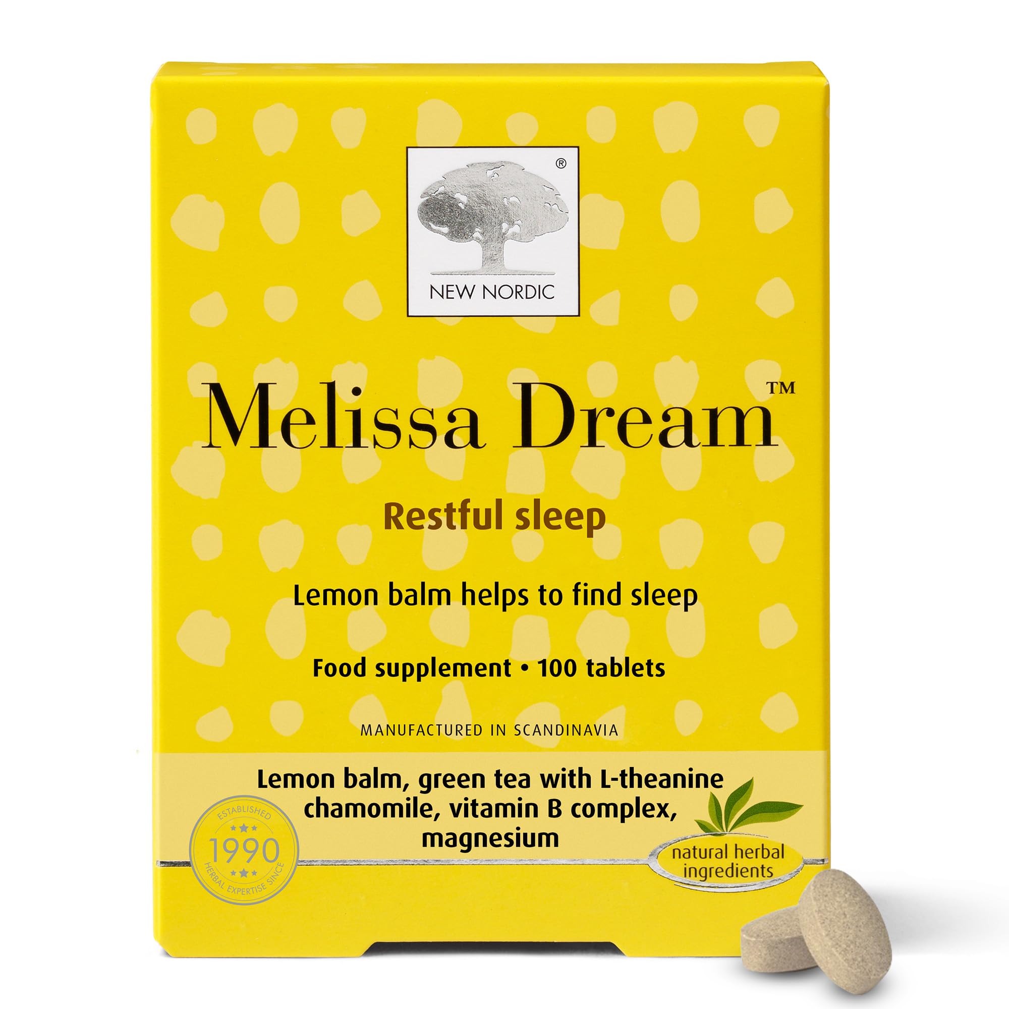 New Nordic Melissa Dream - Melatonin-Free Natural Sleep Aid & Insomnia Relief for Adults - Magnesium & Chamomile - 100 Herbal Sleeping Tablets