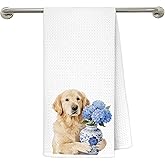awdschkj Blue Hydrangea Golden Retriever Kitchen Towels, Gifts for Golden Retriever Lovers Dish Tea Towels, Chinoiserie Porcelain Floral Dog Decorative Hand Towel for Bathroom, 16x24 Inches