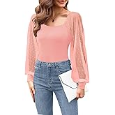 Holipick Womens Sheer Sleeve Tops Cute Swiss Dot Blouses Trendy Holiday Casual Long Sleeve Shirts Fall