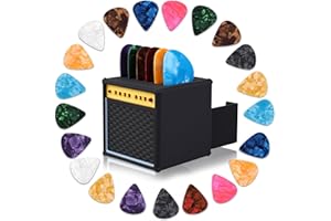 Dexspoeny 22Pcs Guitar Picks Holder Box, Vintage Amp Guitar Pick Holder with 21 Celluloid Guitar Picks, 3D Printed Retro Pick Storage Box & Display Stand for Guitarists and Music Enthusiasts