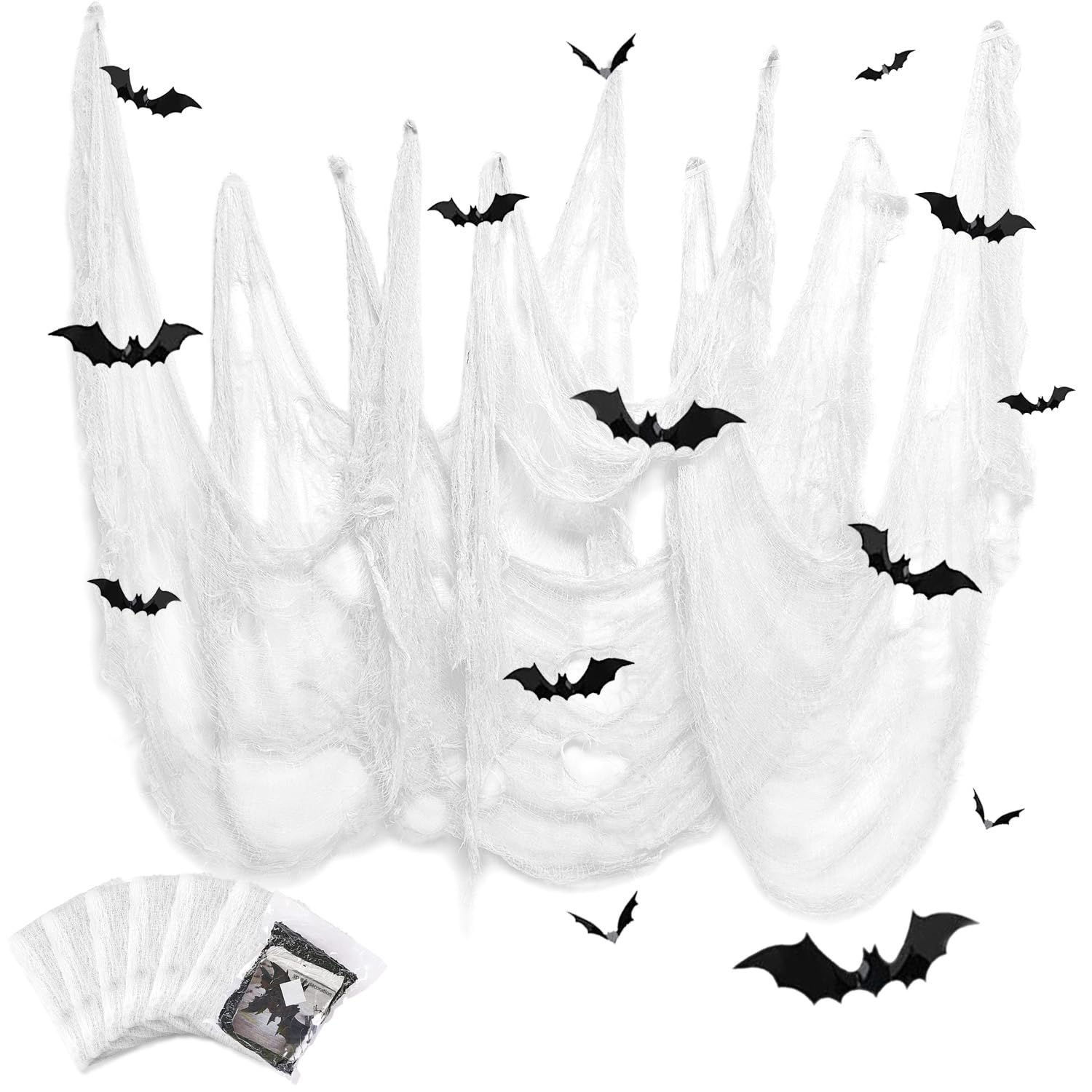 YuSaug Halloween Creepy Cloth, 6Pcs 30 x 72 Inch Scary Spooky Gauze with 12 bat Stickers, Creepy Cloth Fabric for Halloween Party(6 White)