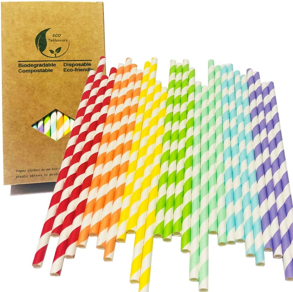 Multicoloured Striped Paper Drinking Straws,100-Pack Biodegradable Disposable 7 Colors Rainbow Stripes Straw for Christmas Birthday Party Decoration
