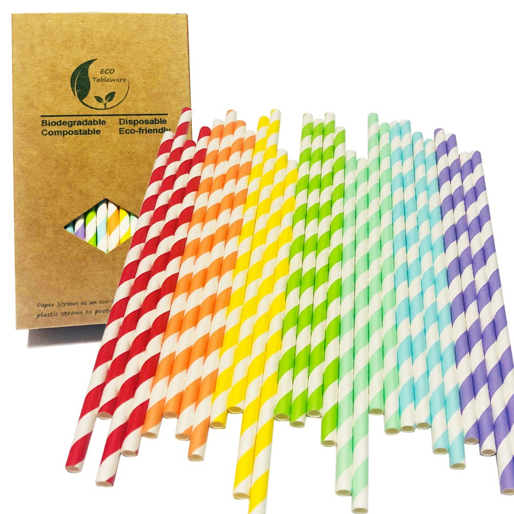 Multicoloured Striped Paper Drinking Straws,100-Pack Biodegradable Disposable 7 Colors Rainbow Stripes Straw for Christmas, Birthday Party Decoration