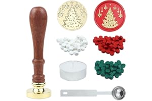 KENJOVIVO Christmas Wax Seal Stamp Kit, Christmas Seal Wax Stamps with Wooden Handle, 120Pcs Wax Seal Beads,Wax Melting Spoon and Candles, Vintage Wax Stamp Seal Kit Decoration (Christmas Tree Style)