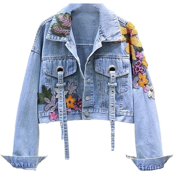 Amazon.com: Women Embroidery Flower Short Hole Denim Jacket Loose