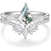 Fahonie Natural Moss Agate Ring for Women 925 Sterling Silver Kite Cut Moss Agate Engagement Ring Set Moissanite Promise Rings Wedding Band Birthday Anniversary Jewelry Gift for Her