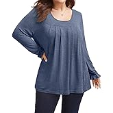VNIRA Plus Size Long Sleeve T Shirt for Women Oversized Crew Neck Loose Fit Pleated Spring Fall Casual Tunic Top
