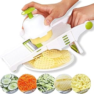 GProMe Mandoline Slicer – Vegetable Mandolin, Fruit zucchini Slicer, French Fry Cutter, Food Waffle,Julienne Grater– Sharp Stainless Steel Blades