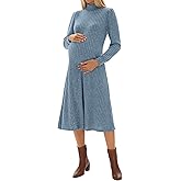 Sweetyweee Women's Maternity Sweater Dress, Turtleneck Long Sleeve Knit Pregnant Puff Sleeve Dress Fall Winter Holiday Outfit