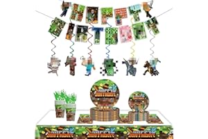 98Pcs Pixel Themed Party Decorations, Birthday Party Supplies Decorations Set-Plates Napkins Tablecloth Banners, Paper Cups F