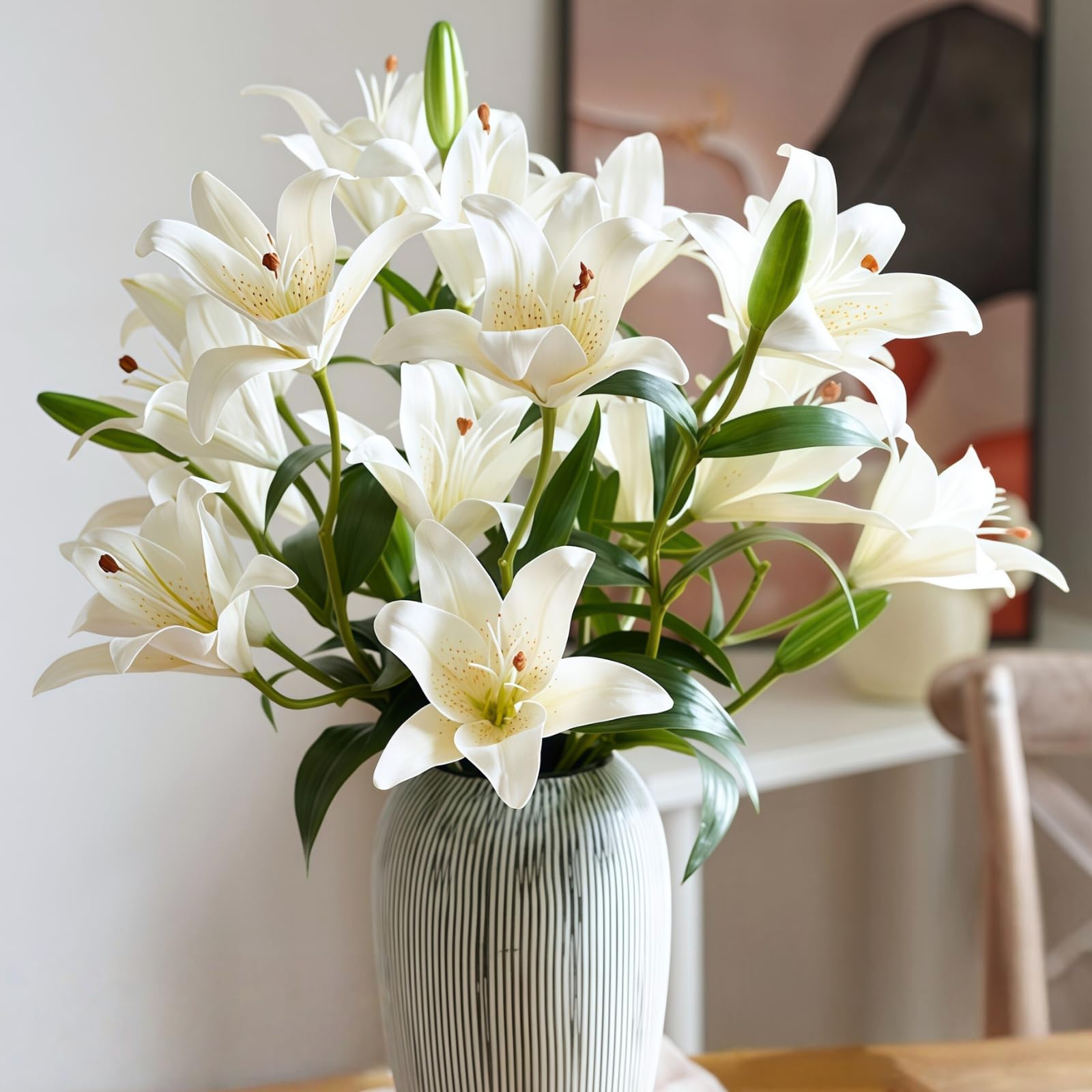 Photo 1 of ASTRYAS 18 Heads Artifical Tiger Lily Flowers, Long Stem Fake Faux Lilies Flowers Bouquet, Real Touch White Lily Bouquet for Home Hotel Flower Arrangement Party Decor Cemetery(2Packs, White)