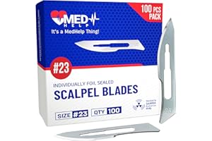 MedHelp Pack of 100 Disposable Scalpel Blades #23, Size 23 Surgical Blades, High Carbon Steel Dermaplane Blade Tool. Individually Wrapped #23 Scaple Blade, Sterile