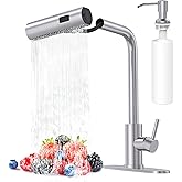 AVSIILE Brushed Nickel Kitchen Faucets with Pull Down Sprayer & Soap Dispenser, Single Hole & Handle, Pull Out Tap, Waterfall Stainless Steel Sink Faucet for Farmhouse Camper Laundry Rv Bar
