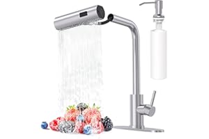 AVSIILE Brushed Nickel Kitchen Faucets with Pull Down Sprayer & Soap Dispenser, Single Hole & Handle, Pull Out Tap, Waterfall Stainless Steel Sink Faucet for Farmhouse Camper Laundry Rv Bar