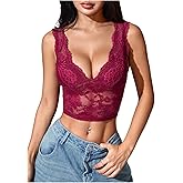 MakeMeChic Women's Floral Lace V Neck Tank Top Sleeveless Scallop Trim Crop Tops