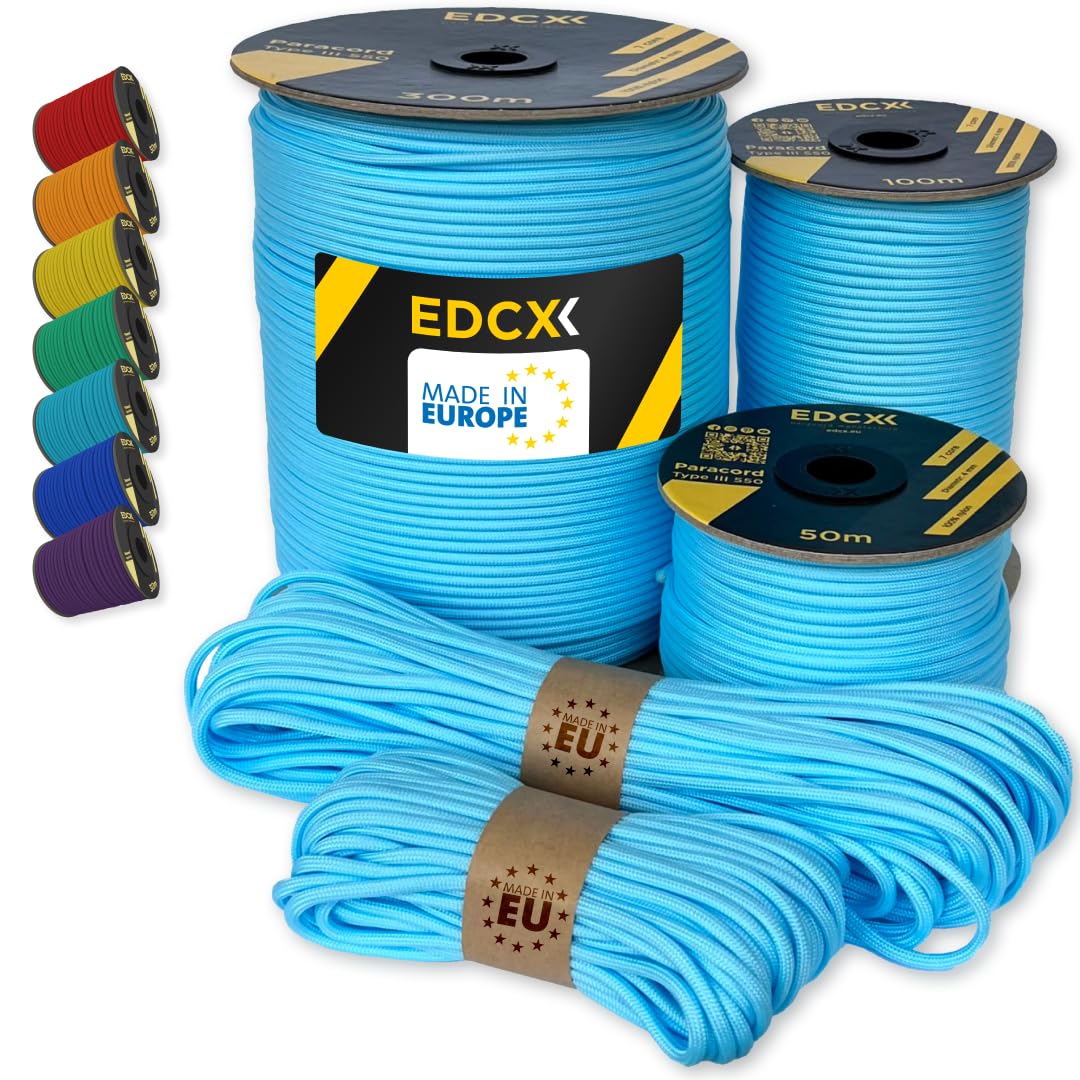 EdcX Paracord 4mm, 35+ Solid Colors (10m, 15m, 30m, 50m, 100m, 300m) | Ideal for Crafting, DIY, Camping, Survival, Outdoor | 100% Nylon Rope 4mm | Tactical Cord 550 Type III (Skylight, 10 m) — image 1
