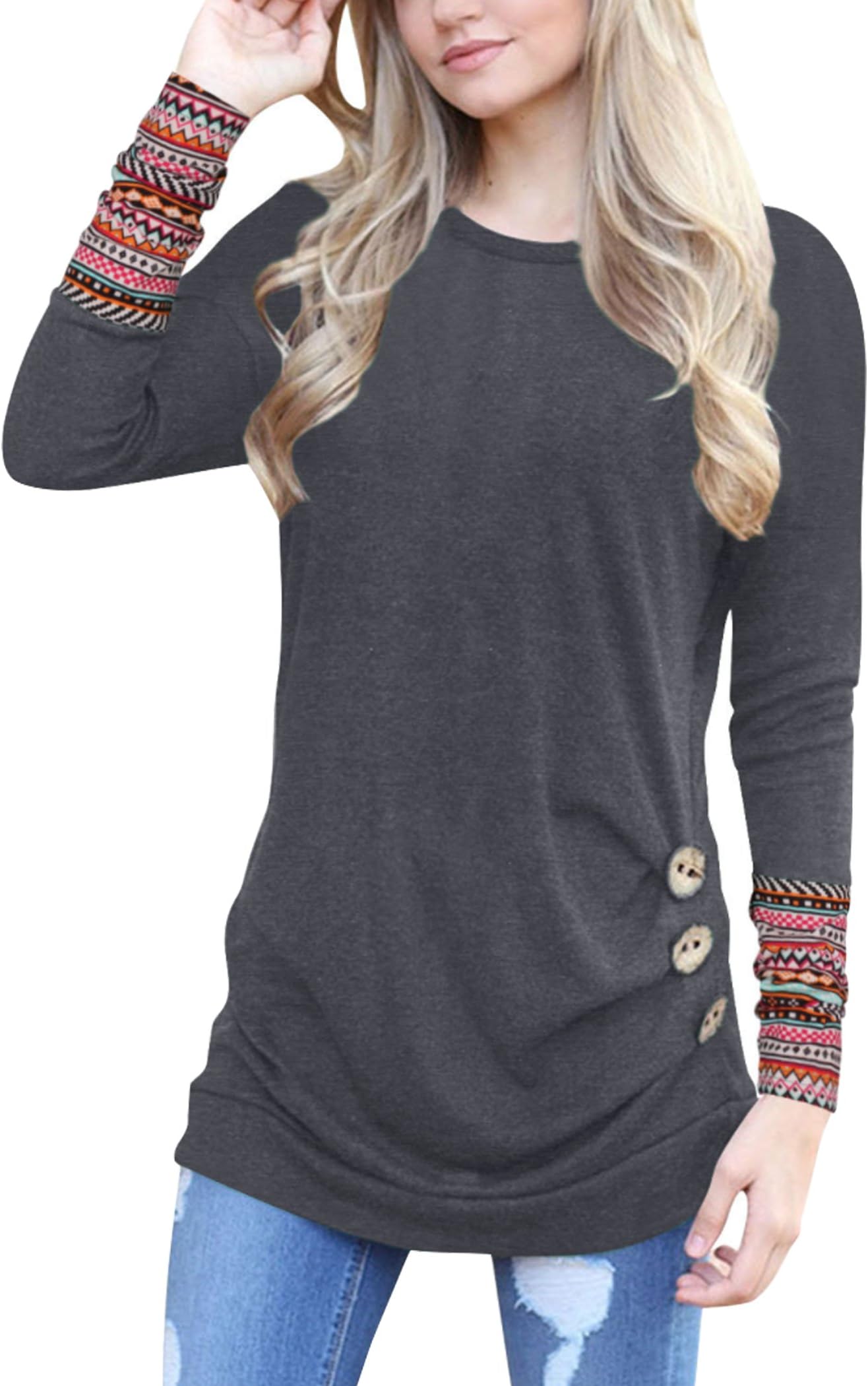 Winbr Womens Long Sleeve Round Neck Casual Loose Tunic Top Blouse T-Shirt