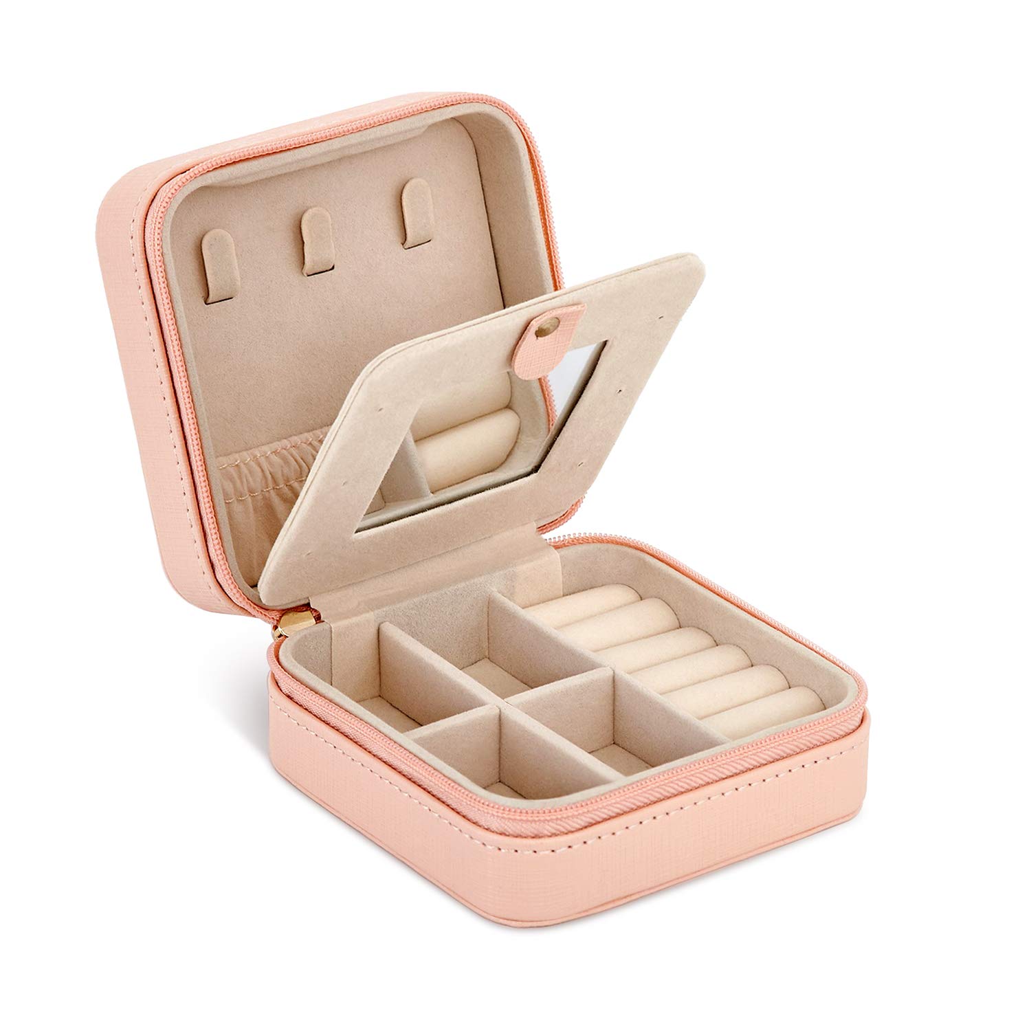 Meerveil Jewellery Box, Small Travel Jewelry Organiser Case PU Leather with Mirror, Portable Zip for Ring, Earring, Necklace, Gifts to Girls and Women, Pink