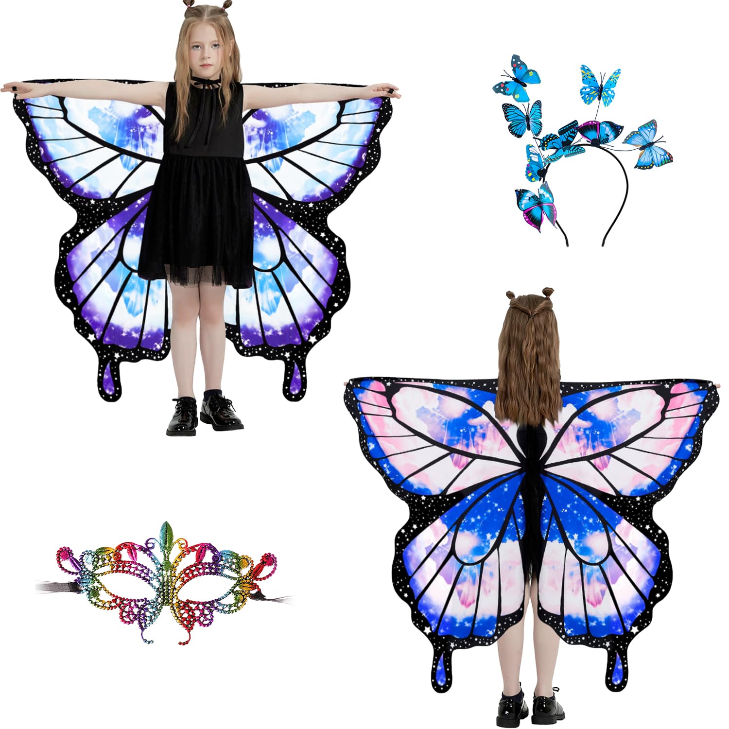 LYL. Ling Butterfly Wings For Girls, Double-Sided Fairy Wings, Halloween Costumes for Kids, Butterfly Costume for Girls (#004)