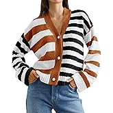 Saodimallsu Womens Striped Cardigan Sweaters V Neck Open Front Button Up Color Block Fuzzy Loose Knit Coats