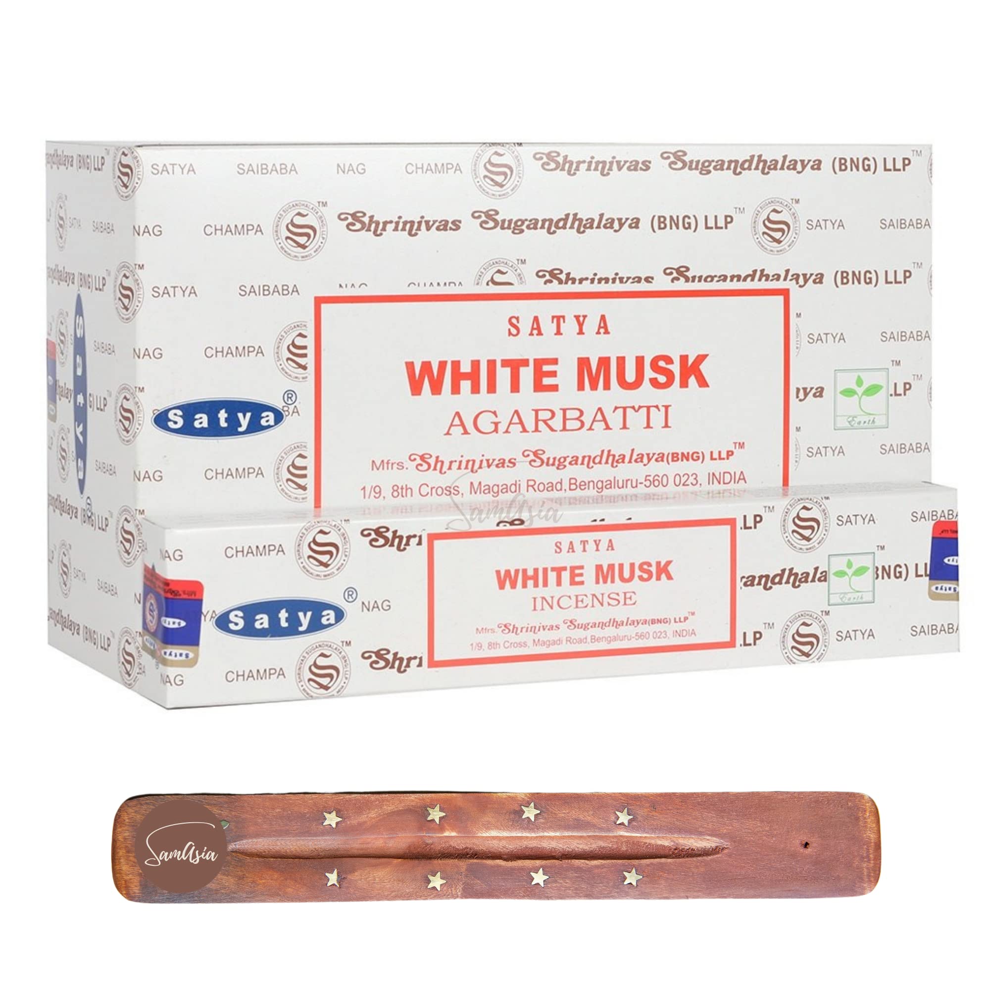 Satya Nag Champa White Musk Incense Sticks | x12 pack | with SAMASIA incense sticks holder | Used for Whomatherapy, Spa, Yoga, Weddings, Meditation, Healing, Positivity and Relaxation โ image 1
