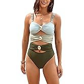 lulukaka Women's One Piece Swimsuit, Cutout Ruched Bathing Suits, Color Block Swimwear with Starfish Accents