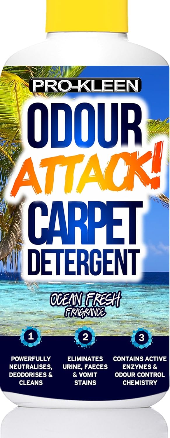 Pro-Kleen Odour Attack Carpet Solution Shampoo 1L Ocean Fresh, Active Enzyme Cleaner Eliminates Urine, Faeces, Vomit Stains