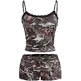 RoseSeek Women's 2 Piece Camo Print Outfits Lace Ruched Cropped Camisole Tops and Mini Shorts Summer Set