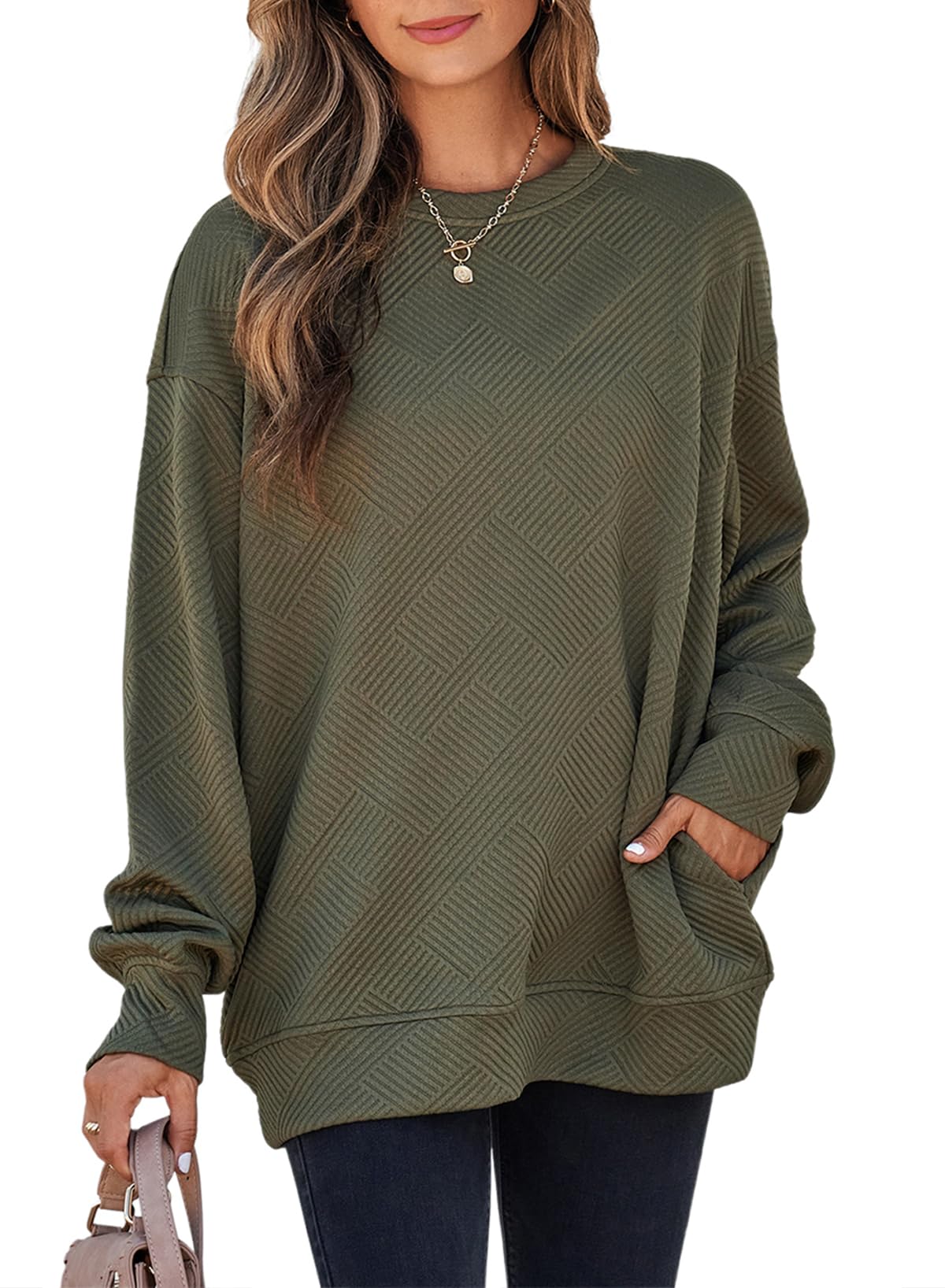Photo 1 of SHEWIN Womens Fall Tops Trendy Loose Fit Long Sleeve Shirts Fashion Crewneck Tunic Top Casual Oversized Sweatshirt for Women 2025 Jungle Green 2XL