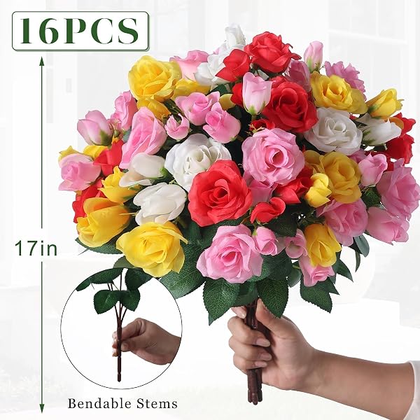 16 BUNDLES 17″ARTIFICIAL ROSES, REALISTIC SILK BOUQUET FLOWER(MIXED COLOR)
