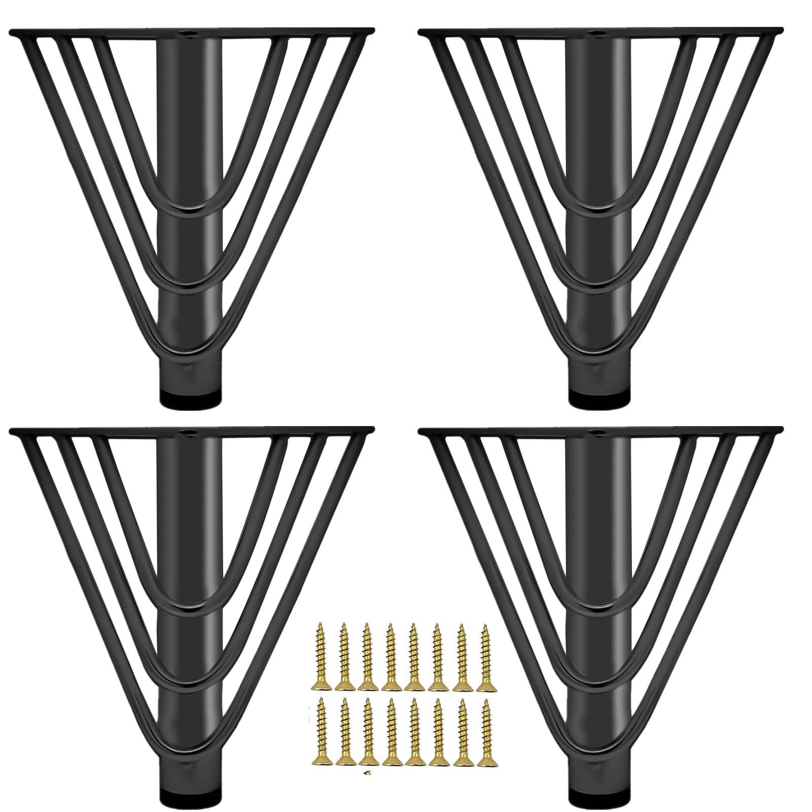 KMERCE 4Pcs Black Metal Furniture Legs 18cm height, Replacement Modern Chic Elegant Sofa Legs for Coffee Table, TV Cabinet, Bathroom Cabinet with Screws+Floor Protection+Silent Non-Slip Base