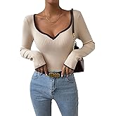 SHENHE Women's Ribbed Color Block Sweater Sweetheart Neckline Fitted Fall Sweater Pullover