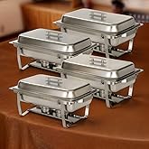 Alpha Living 4 Pack Chafing Dish Full Set &ndash; Stainless Steel Catering Chafer with Lids, Pans &amp; Fuel Holders &ndash; Buffet Food Warmers for Parties, Events &amp; Weddings (Rolled Edges)
