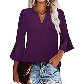 Gaharu Women's Work Blouses Ruffle 3/4 Sleeve Dressy Top V Neck Casual Chiffon Tunic Blouses Business Shirts